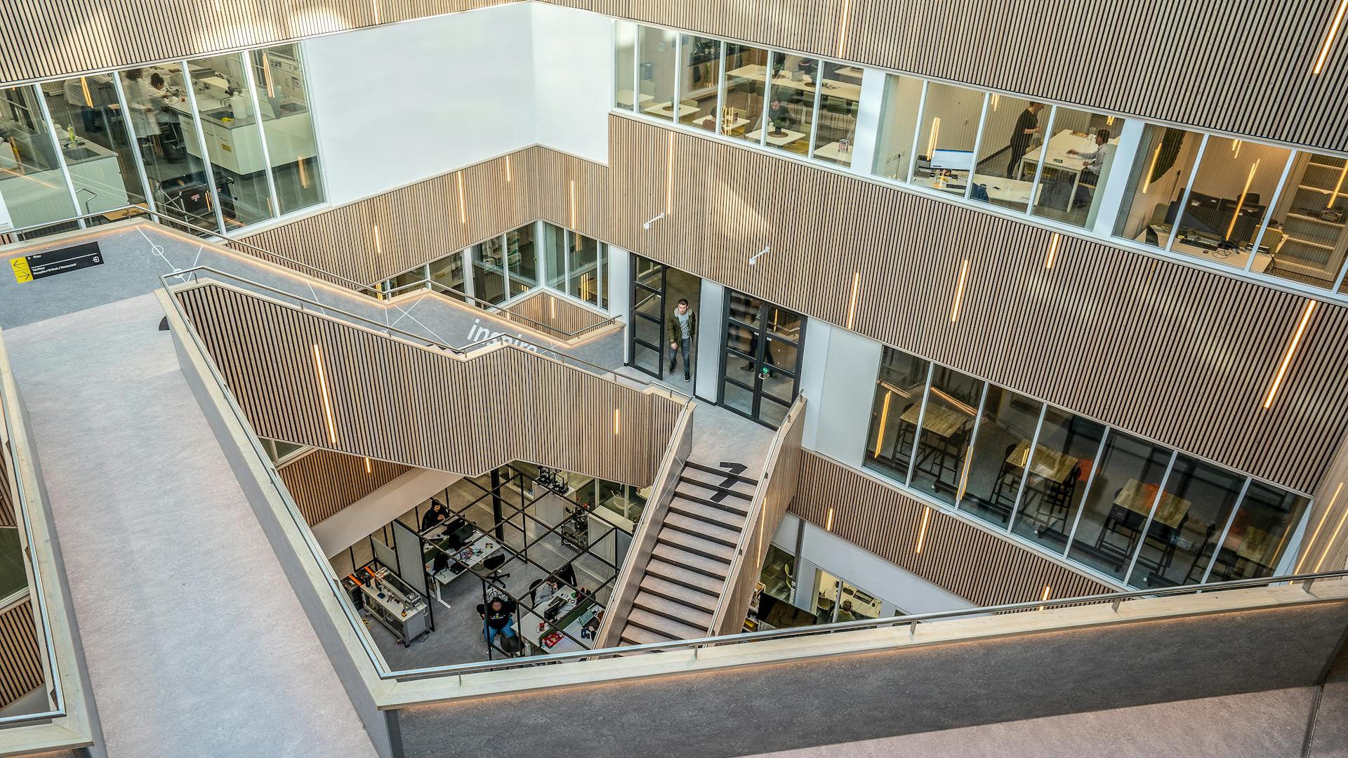 Modern commercial office interior with quality lighting