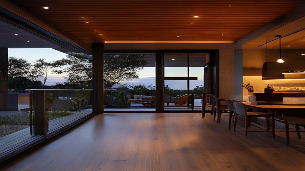 Modern Auckland residential interior with warm pendant lighting at dusk