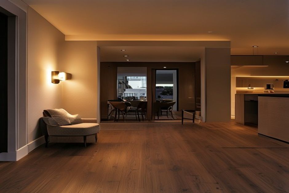 Warm modern Auckland living room with recessed lighting at dusk